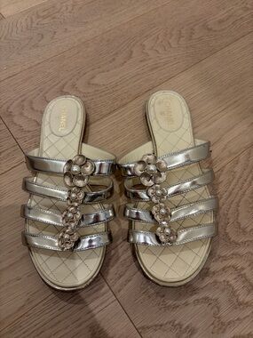 CHANEL Metallic Gold Camellia Multi-Strap Slide Sandals